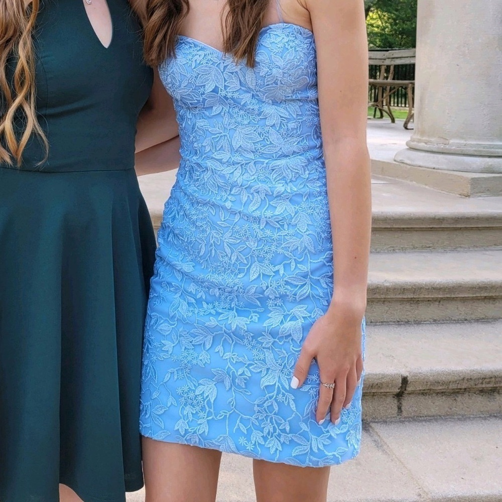 Jovani Light Blue Embroidered Strapless Lace Up Homecoming Dress Size 2 - Picture 4 of 9